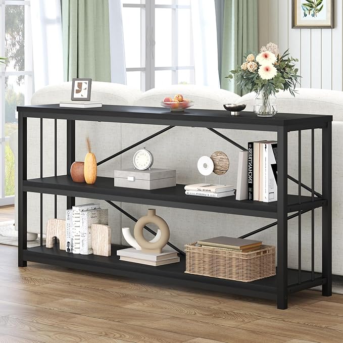 HSH Black Long Bookshelf, Large Wood Wide Horizontal Bookcase Under Window, Modern Long Open Book Shelf for Bedroom Living Room, Industrial Wooden Metal Bookshelves for Home Office, Black Oak, 63 Inch