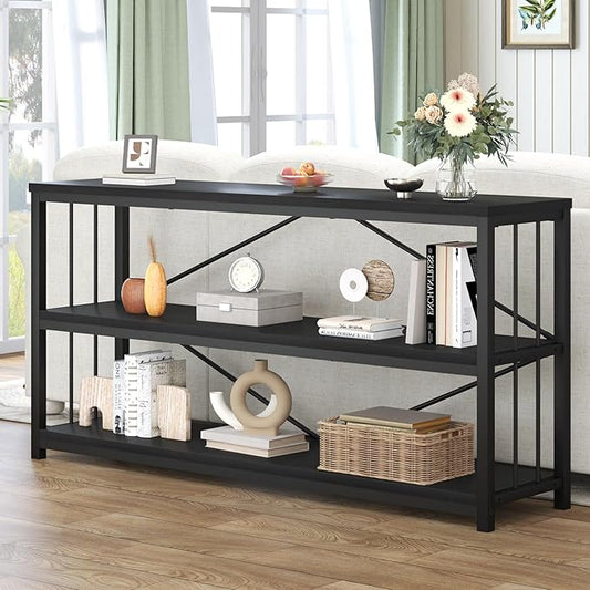 HSH Black Long Bookshelf, Large Wood Wide Horizontal Bookcase Under Window, Modern Long Open Book Shelf for Bedroom Living Room, Industrial Wooden Metal Bookshelves for Home Office, Black Oak, 63 Inch