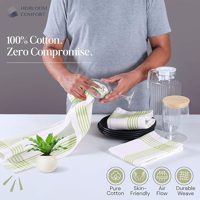 Lemon Green and White Waffle Kitchen Towels 3 Pack, 100% Cotton, 16x26 Inch, Super Absorbent, Reusable Fast Drying Dish Towels for Cleaning, Washing, Drying Dishes, Kitchen