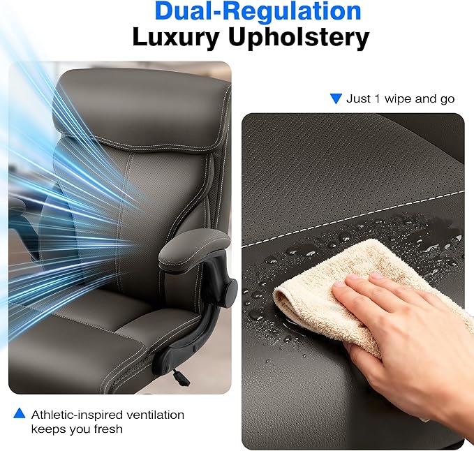 Office Chair - Executive High Back Breathable Comfy Desk Chair with Lumbar Support - Ergonomic Leather Rolling Swivel Computer Chair with Rock Function for Working Studying Gaming Relaxing