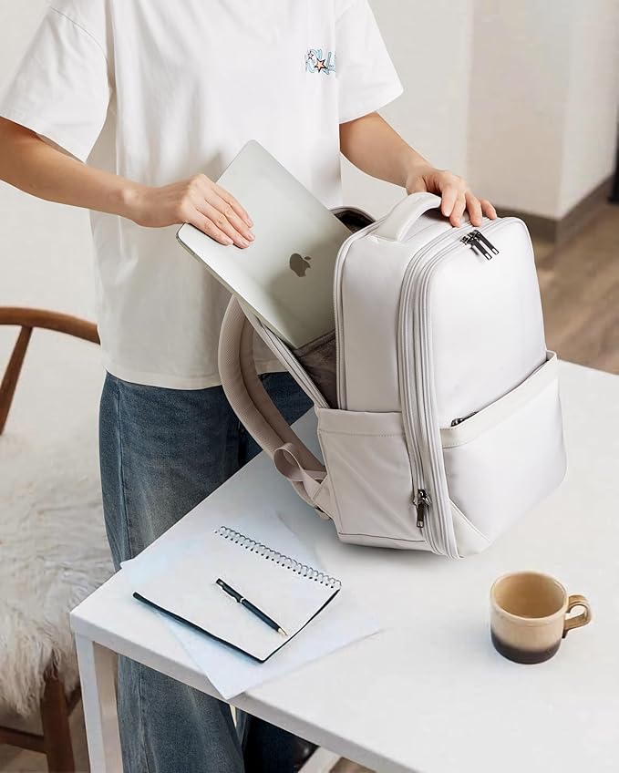 Hanke Expandable Travel Backpack 16 Inch, Full-Open Laptop Backpack Fits 15.6 Inch, Carry On Personal Item Bag with Luggage Strap, Business Work Backpack for Women Men, Greyish White