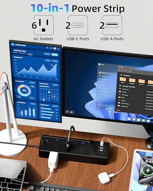 Surge Protector Power Strip with Individual Switches - 6 Wide Spaced Outlet 4 USB Ports(2 USB C), 6.5ft Extension Cord with Switch On/Off, 1500J,3 Prong Flat Plug, Wall Mount for Home Office