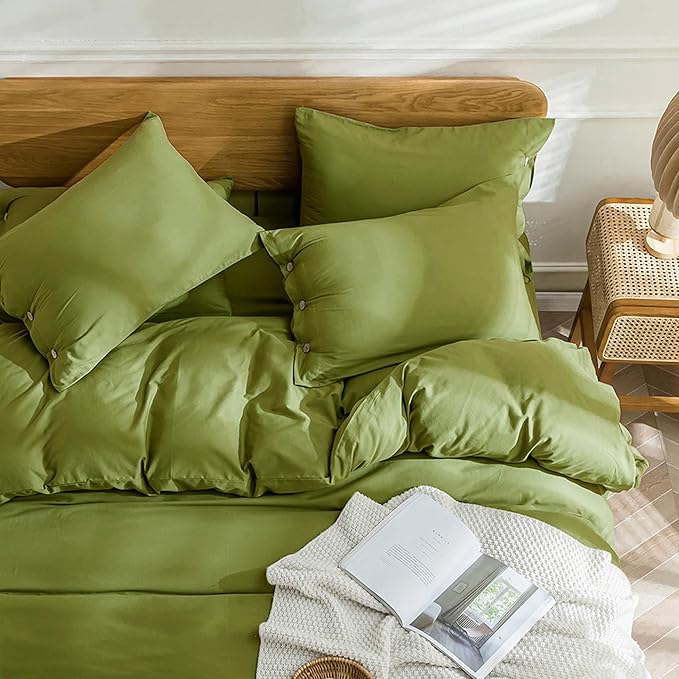 JELLYMONI Christmas Duvet Cover Queen Size - Avocado Green Comforter Cover with Button 100% Washed Cotton 3PCS Breathable Soft Solid Bedding Set Duvet Cover 90×90in & 2 Pillowcases (NO Comforter)