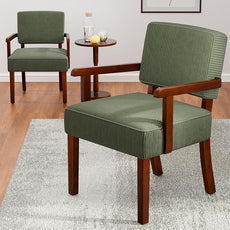 Corduroy Accent Chair Set of 2 with Table, Mid Century Modern Armchairs with Solid Wood Frame, Oversized Reading Leisure Chair for Living Room, Bedroom (Corduroy Green, Set of 2 with Table)