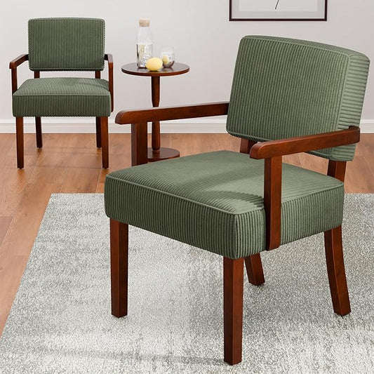 Corduroy Accent Chair Set of 2 with Table, Mid Century Modern Armchairs with Solid Wood Frame, Oversized Reading Leisure Chair for Living Room, Bedroom (Corduroy Green, Set of 2 with Table)