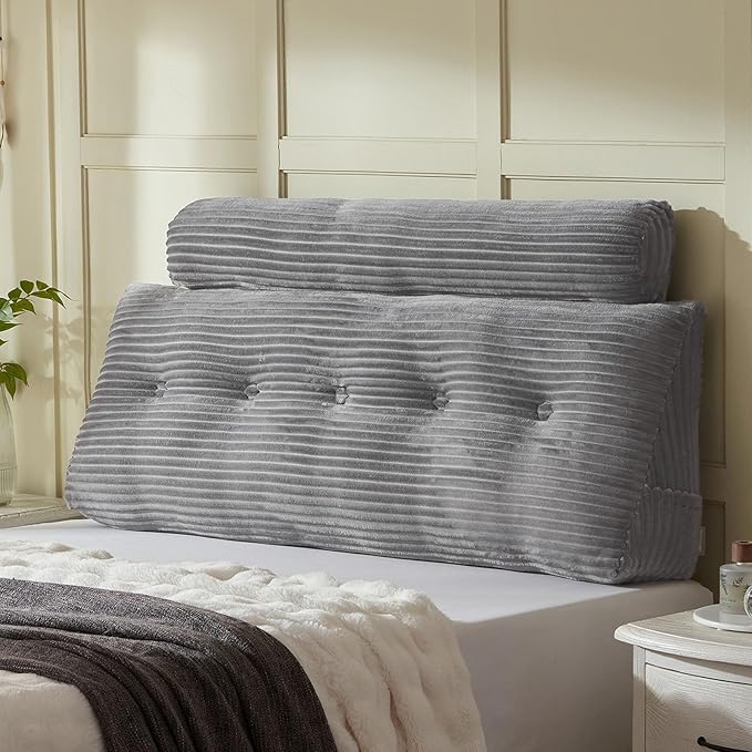 Headboard Wedge Pillow + A Long Neck Roll Pillow Body Pillow，Large Headboard Pillow with Removable Cover (Blue-Gray, Queen：59x8x20 inches)