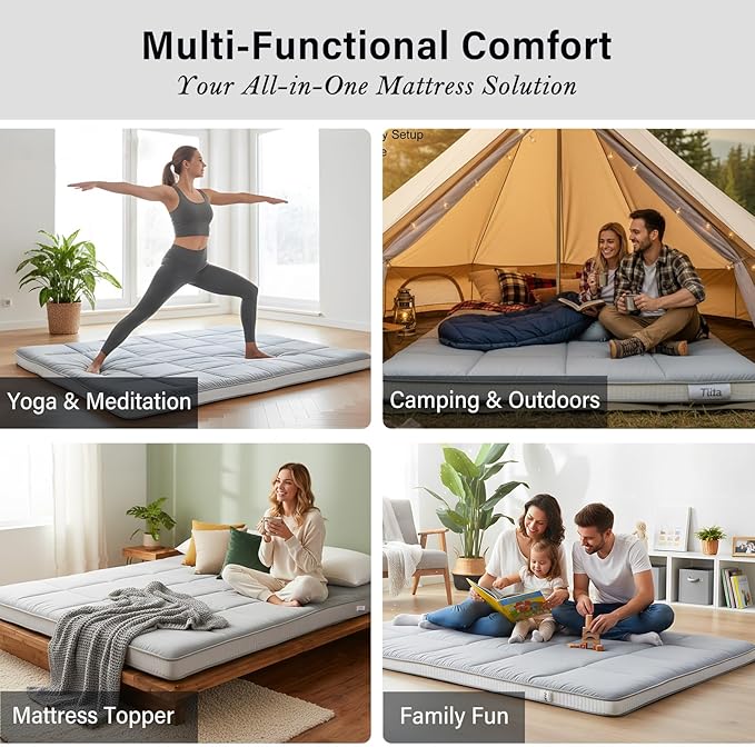Tiita Memory Foam Mattress Topper Twin Size, 4" Thicken Futon Mattress with Storage Bag and 2 Straps, Portable Roll Up Travel Car Camping Mattress Floor Sleeping Pad, Grey