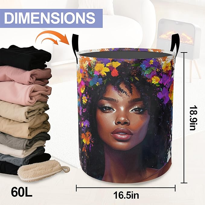 Laundry Basket-Black Girl Foldable Waterproof Oxford Cloth Funny Tote Bag Laundry Hamper Clothes Storage Bucket Organizer For Bathroom/Laundry Storage/Bedroom Storage Basket