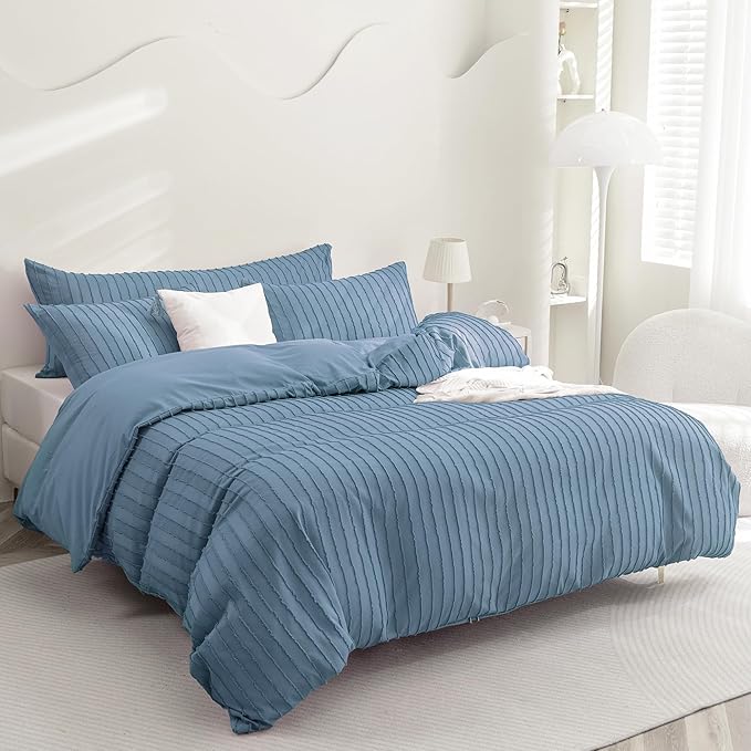 JELLYMONI Duvet Cover Twin Size Blue - 3PCS Boho Striped Duvet Cover Set Polyester Tufted Bohemian Textured Comforter Cover 68×90in with Corner Ties & Zipper and 2 Pillowcases