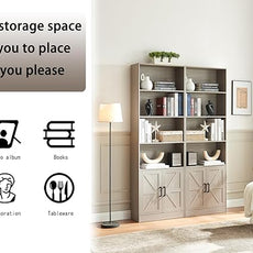 70in Tall Bookshelf 6 Tier Bookcase with Barn Doors and Adjustable Shelf, Oak Grey Farmhouse Book Shelves with Storage Cabinet, Wood Floor Standing Display Bookshelve for Bedroom, Living Room