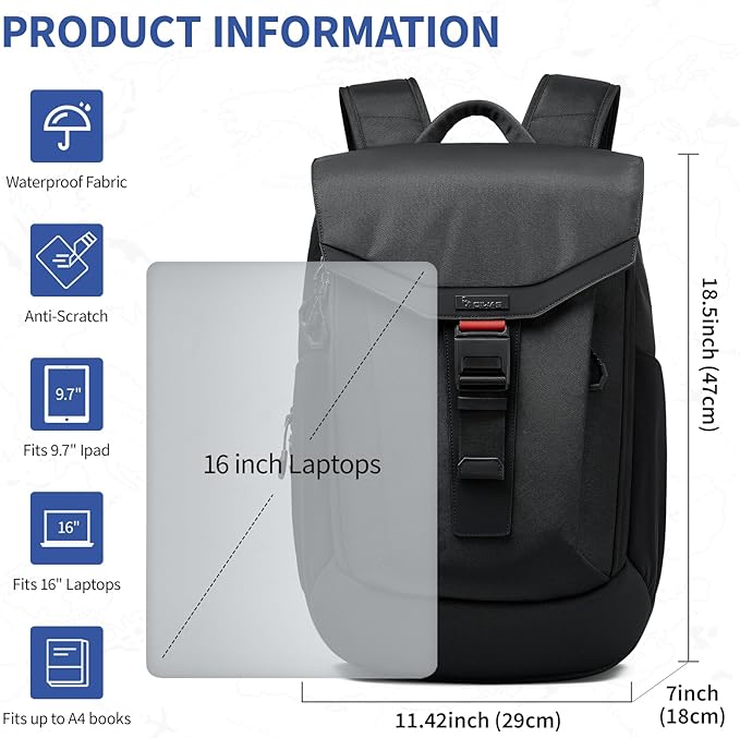 OIWAS Laptop Backpack for Men, 16 Inch Travel Laptop Backpack with Magnetic Buckle, Weight Reduction Business Backpack for Men, Water Resistant Large Back pack