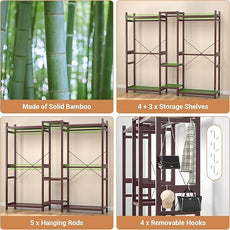 Homykic Bamboo Closet System Clothes Rack, Large Freestanding Garment Rack Clothing Rack for Hanging Clothes with 7 Storage Shelves and 5 Rods, Open Wardrobe Organizer with 4 Hooks, Espresso