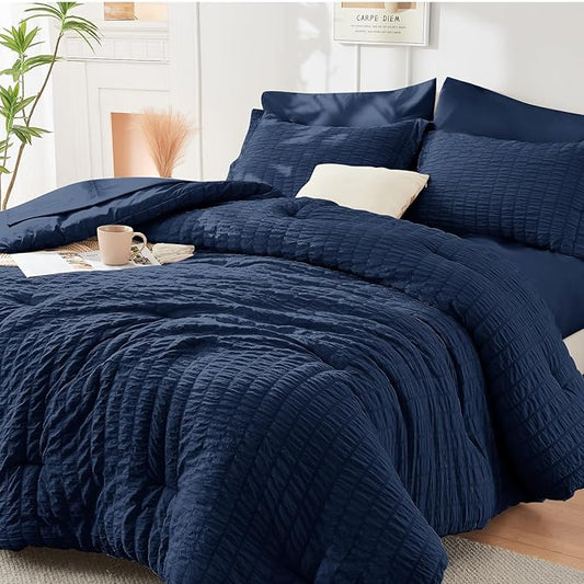 HYMOKEGE Navy Blue Oversized King Comforter Set Seersucker 7 Pieces, All Season Luxury Bed in a Bag for Bedroom, Bedding Set with Comforter, Sheets, Pillowcases & Shams