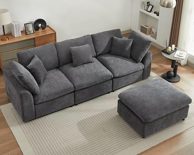 Modular Sectional Sofa Modern Oversized Chenille Cloud Couch with Movable Ottoman 4 Seater L-Shaped Sofas Comfy Couches for Living Room Spacious Space Office Lounge, Dark Grey