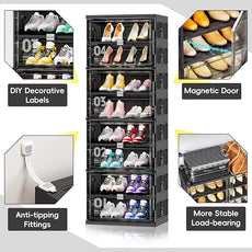 JEKO&JEKO 8 Tiers 16 Pairs Portable Shoe Organizer Storage Boxes with Magnetic Door, Folding X-Large Shoe Rack Free-Standing for Closet Entryway, Sneaker Storage Cabinet Fits US Size 12 (Black)