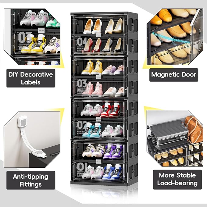 JEKO&JEKO 8 Tiers 16 Pairs Portable Shoe Organizer Storage Boxes with Magnetic Door, Folding X-Large Shoe Rack Free-Standing for Closet Entryway, Sneaker Storage Cabinet Fits US Size 12 (Black)