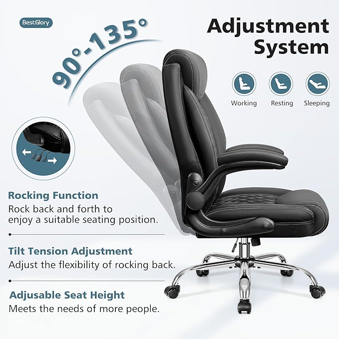 Office Chair, Ergonomic High Back Home Office Desk Chair, Big and Tall Breathable Leather Office Chair with Lumbar Support Flip-Up Armrests, Computer Chair with Rocking Function