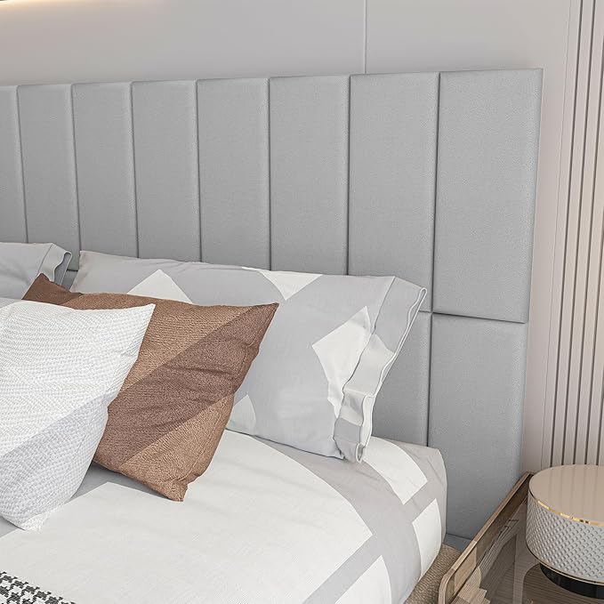 Art3d Peel and Stick Headboard for Full King and Queen in Velvet Stone, Pack of 12 Panels Sized 9.84" x 23.62", 3D Soundproof Wall Panels, Upholstered Wall Panel