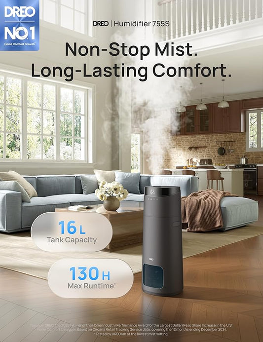 Dreo 16L Smart Humidifier Large Room 1000 ft², 130H Cool Mist Air Humidifiers for Bedroom Plants Baby, Top Fill, Remote/Touch/Voice & APP Control, Clean Tank Technology, 30dB, HM755S Grey