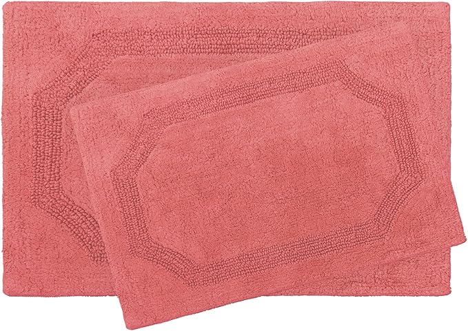Laura Ashley - Reversible Cotton Bath Mat, Premium Bathroom Décor, Machine Washable Bathroom Rug, Highly Absorbent, 17"x24"/20"x32" 2-Piece Set, Coral