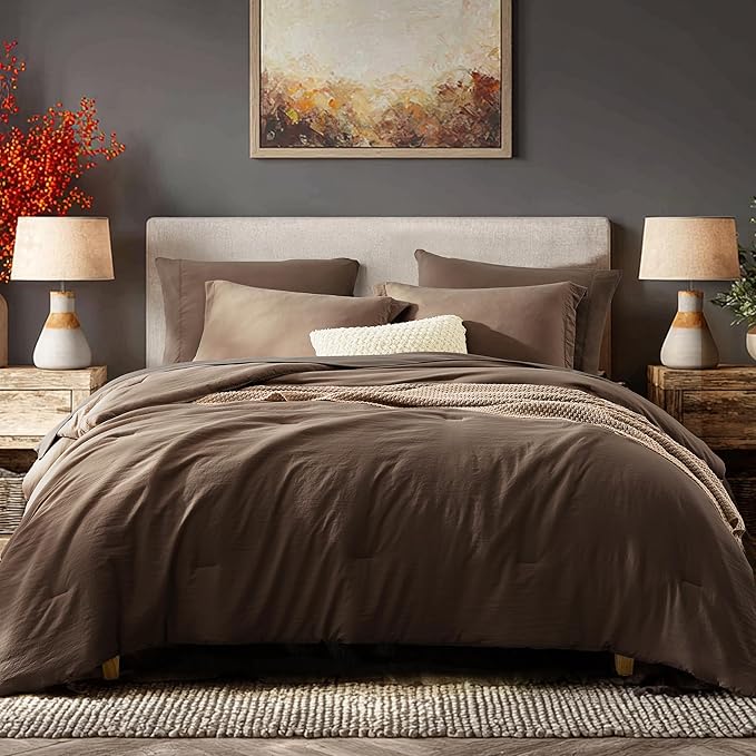WRENSONGE Queen Comforter Set- 7 Pieces Soft Chocolate Brown Bed in a Bag with Fitted Sheet, Flat Sheet, 2 Pillow Shams, and 2 Pillowcases- Warm Bedding Sets Queen for All Season