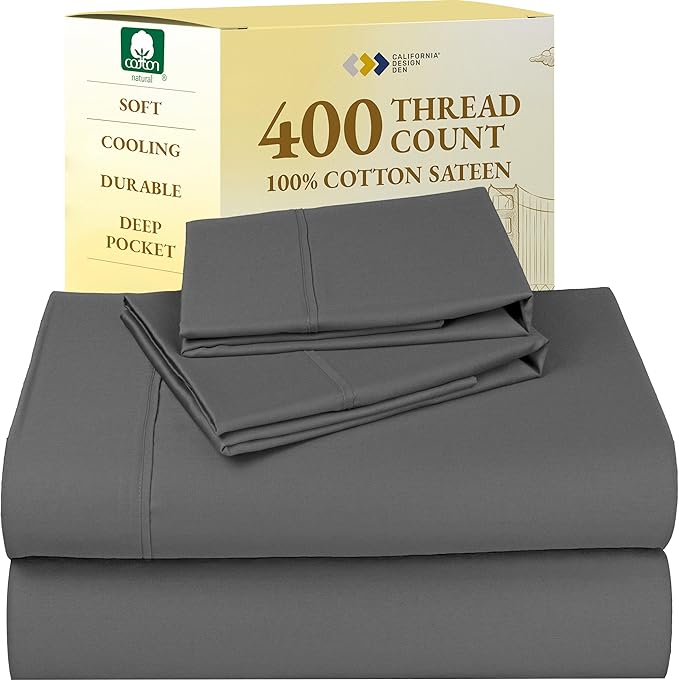 California Design Den Soft Queen Sheet Set - Soft 400 Thread Count Sateen, Natural 100% Cotton Sheets for Queen Size Bed, Deep Pockets for a Snug Fit, Durable Bedding Set - Grey CaliforniaDesignDen