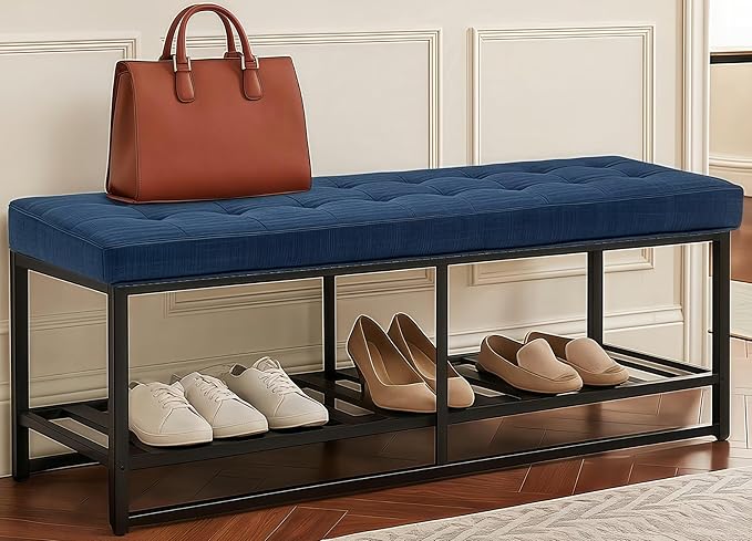 Rectangular Upholstered Tufted Linen Ottoman Storage Bench, Large Footrest Ottoman with Iron Base, Navy Blue End of Bed Bench for Entryway, Living Room, Bedroom