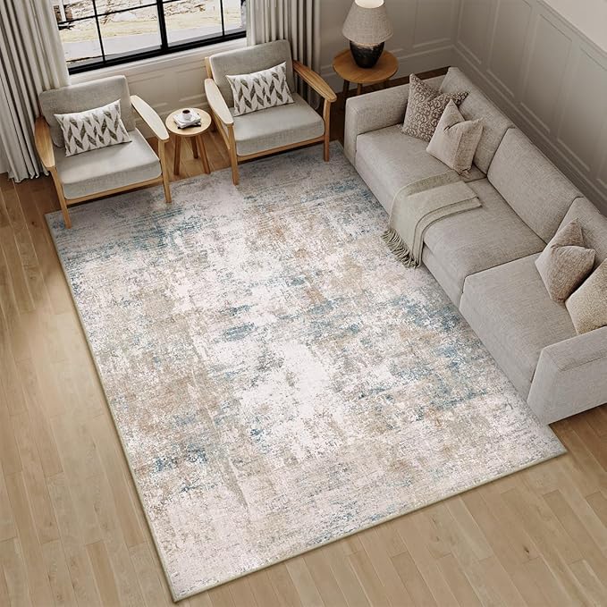5x7 Washable Area Rug Beige Blue Abstract Living Room Bedroom Throw Rug Neutral Modern Non Slip Soft Low Pile Carpet for Kitchen Dining Room Office Entryway