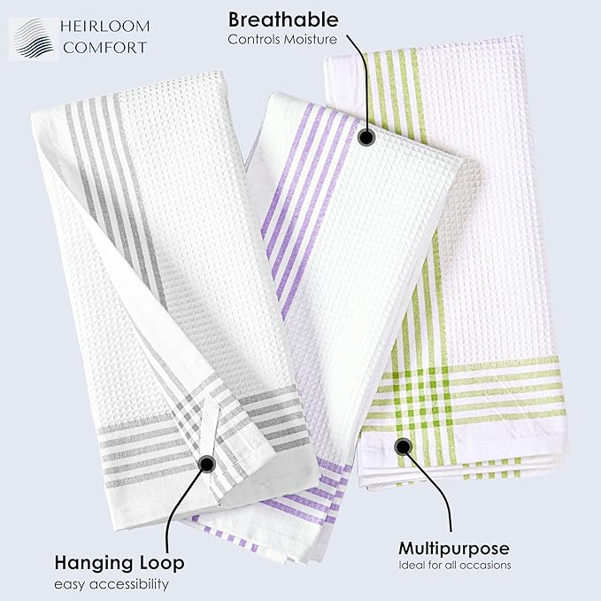 White Waffle Weave Kitchen Towels 12 Pack, 16x26 Inch, Cotton Dish Towels, Quick Dry, Absorbent, Machine Washable, Durable for Kitchen & Cleaning, Light Grey, Lavender, Lemon Green
