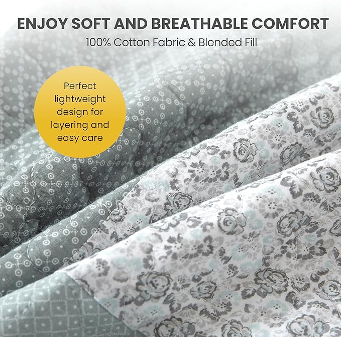 Soul & Lane Memory Lane 3-Piece Cotton Quilt Set - Queen Size with 2 Shams, Sage Green Patchwork Quilted Comforter, Lightweight Country Pieced Bedspread, Neutral Modern Farmhouse Bedding