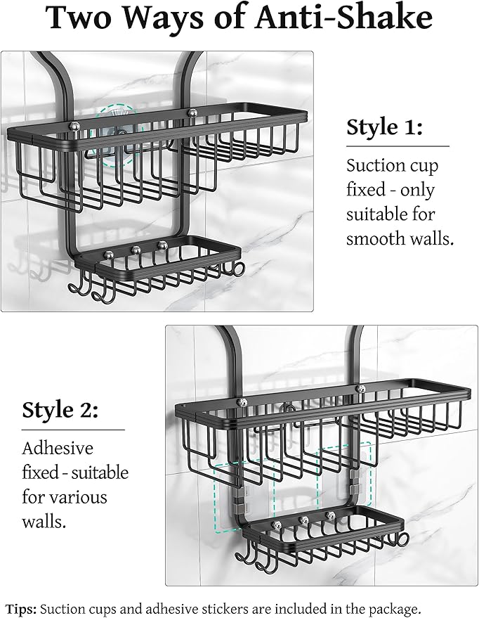 YASONIC Shower Caddy Over Shower Head Never Rust Aluminum Large Hanging Shower Caddy with 10 Hooks for Razor/Sponge - Over The Shower Head Caddy with Soap Basket - Hanging Shower Organizer Black