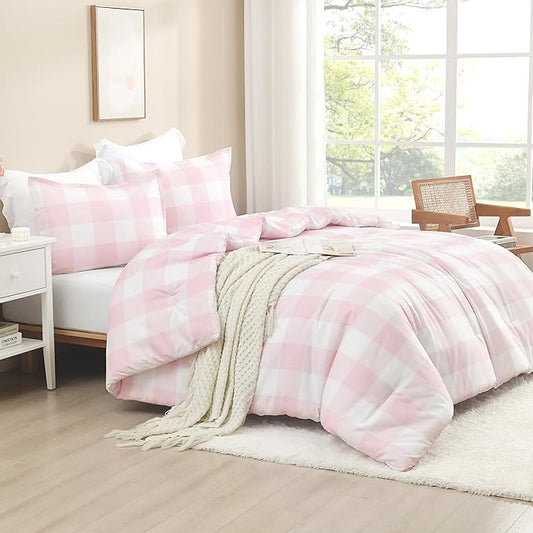 Andency Pink Checkered Comforter Full(79x90Inch), Plaid Gingham Buffalo Plaid Grid Bedding Sets for Girls Kids Women Kids Teens, 3 Pieces Lightweight Microfiber Geometric Preppy Bed Set