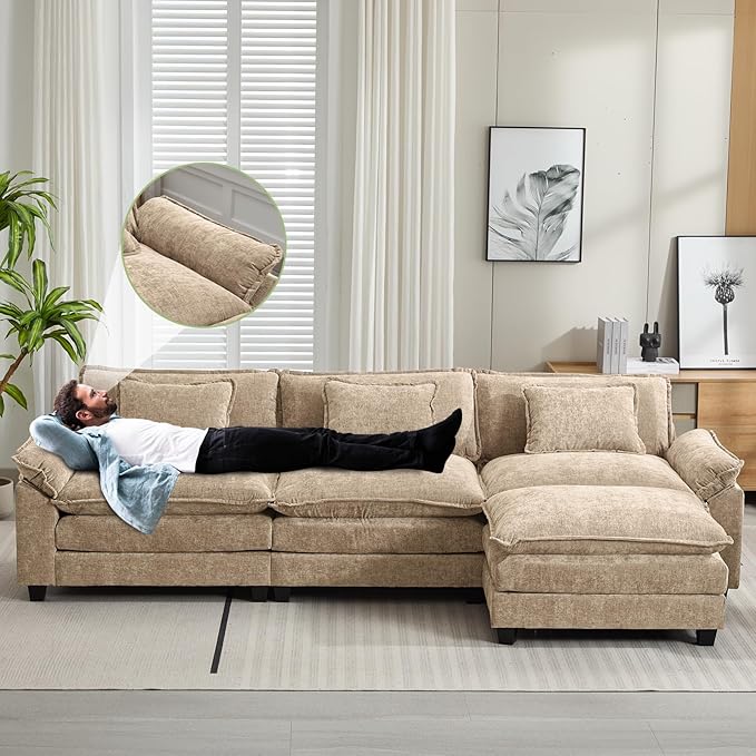 120" Modular Sectional Sofa, Comfy Cloud Couch Sectional Sofa with Ottoman, Chenille Sofa Sleeper Deep Seat Sofa with Throw Pillows for Living Room (Khaki, 120"- L Shape)