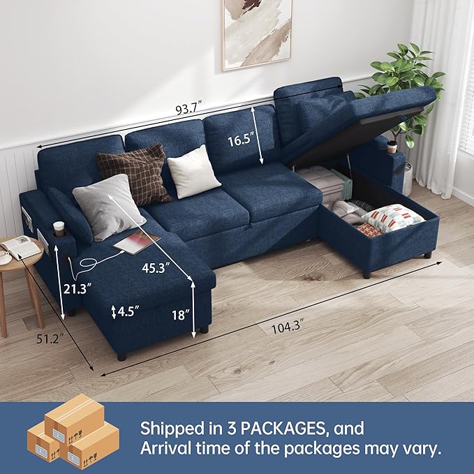 DURASPACE Sofa Bed Sleeper Sofa Pull Out Couch with Double Storage Chaise, Sectional for Living Room, U Shaped Couch with Removable Covers, Blue