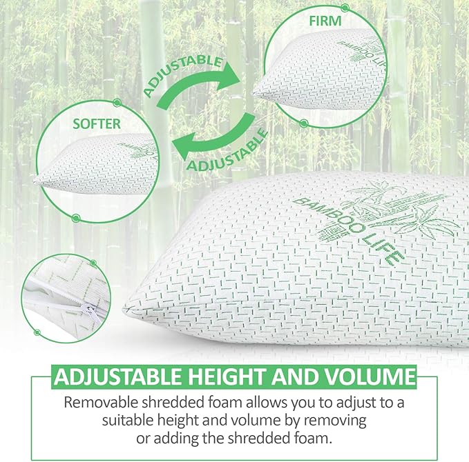 Elif Queen Size Pillows for Sleeping – Cooling Shredded Memory Foam Pillow with Removable Cover for Back, Stomach & Side Sleepers, Rayon Derived from Bamboo, Queen (1 Pack)