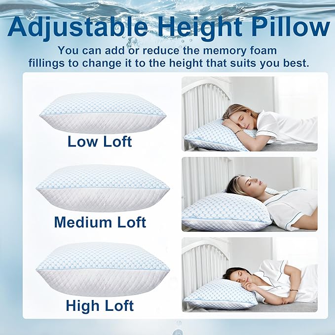 XWZO Cooling Pillow 2 Pack King Size Pillows Set of 2, Shredded Memory Foam Pillows Adjustable Gel Bed Pillows for Side Back Stomach Sleepers with Washable Removable Cover