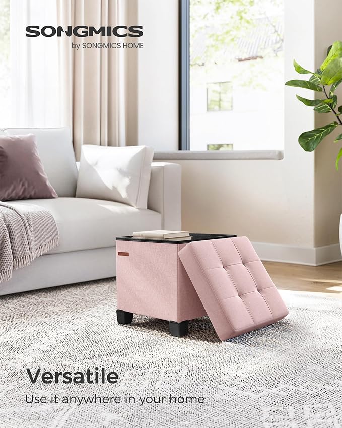 SONGMICS Storage Ottoman, Small Ottoman Foot Rest with Legs, 15 x 15 x 15.7 Inches Foot Stool, Load up to 660 lb, for Living Room, Bedroom, Dorm, Jelly Pink ULSF014P01