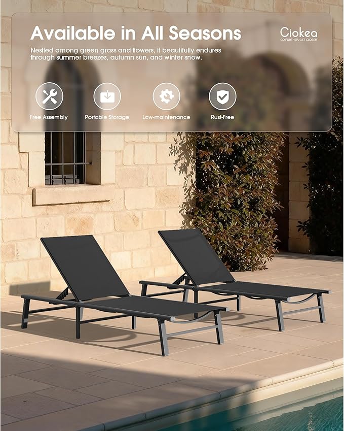 Ciokea Aluminum Outdoor Lounge Chair Set of 4- No Assembly Needed, Foldable Patio Chaise Lounge with 5 Adjustable Positions, Reinforced Frame for Extra Durability, Pool Beach Lounge Chair,Black
