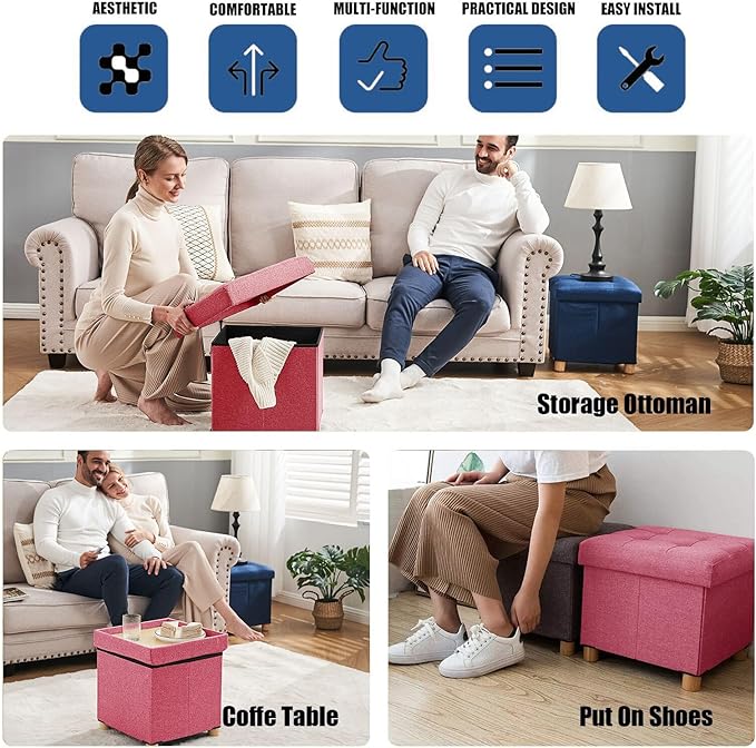 BRIAN & DANY 15 Inches Ottoman with Storage, Square Small Storage Ottoman Foot Rest with Legs, Ottomans Foot Stool for Dorm, Living Room, Entryway (Hot Pink)