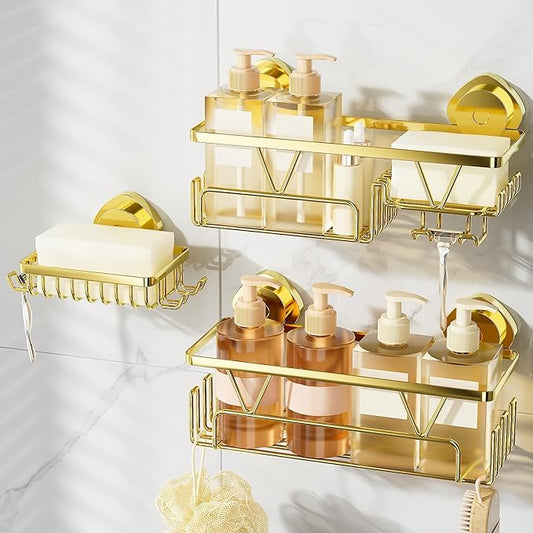 KEGII Suction Cup Shower Caddy – 3 Pack Suction Cup Shelf with Soap Holder & Hooks, Rustproof Stainless Steel Shower Organizer, Removable No Drilling Bathroom Storage Rack, Gold