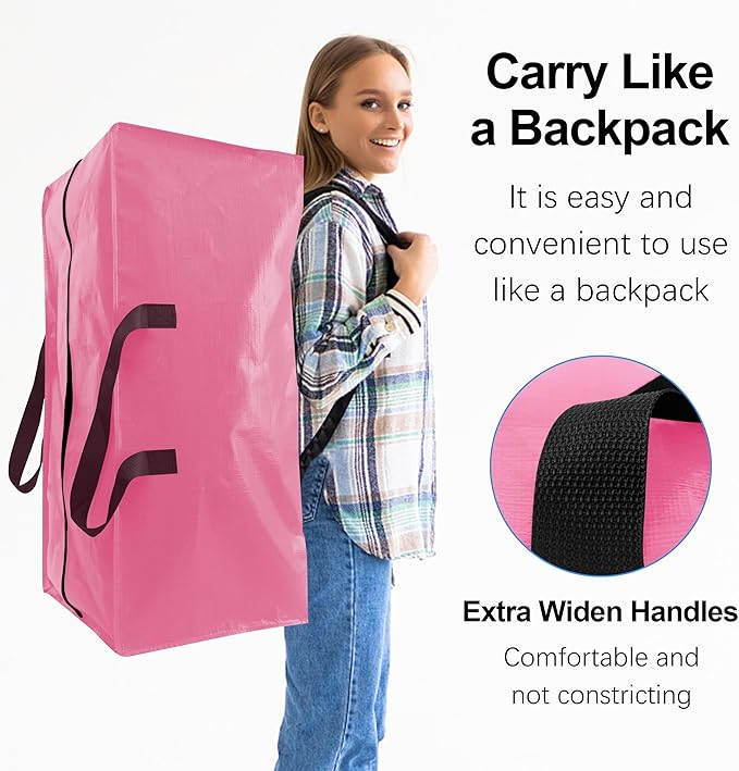6 Pack Heavy Duty Extra Large Moving Bags W/Backpack Straps - Strong Handles & Zippers, Storage Totes For Space Saving, Fold Flat, Alternative to Box and Bin (40 gal, Pink)