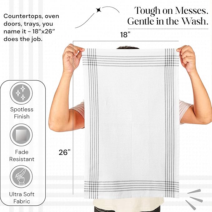 Grey and White Cotton Kitchen Towels 3 Pack, 16x26 Inch, Waffle Weave, Quick Dry, Absorbent, Durable Dish Towels for Drying, Cleaning, Cooking, Daily Kitchen Use