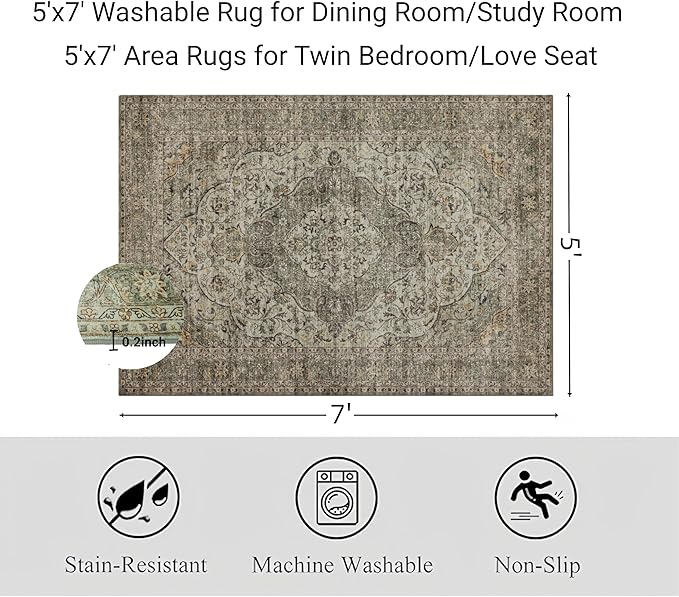 RCTJHOME 5'x7' Washable Area Rugs for loveseat Living Room/Twin Bedroom/Study Room, Modern Abstract Soft Carpet, Low Pile Floor Rug with Non Slip Backing for Dining Room, Distress Floral Forest Green