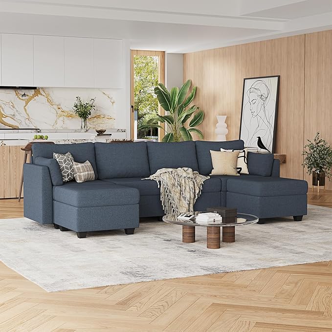 114.17" Modular Sectional Sofa, 6 Seat Modular Couch with Storage, Memory Foam, Convertible Sectional Couches for Living Room, U Shaped Comfy Modular Sofa with Chaise, Blue Grey