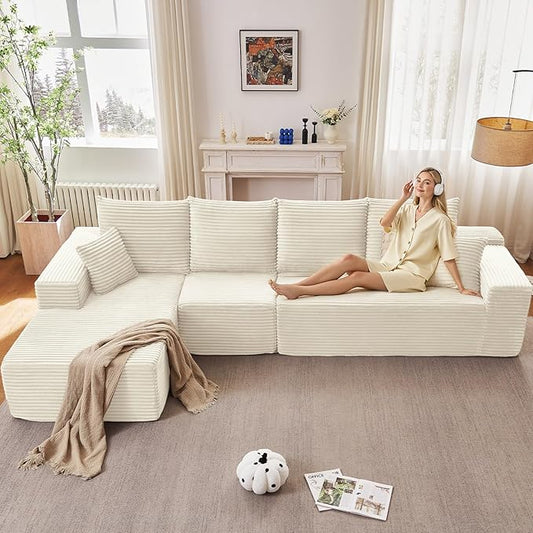 135" Cloud Sectional Couch with L-Shape Chaise, Modern Modular Comfy Sofa with Deep Seat, Upholstered Corduroy Couches Sleeper Chaise Longue for Living Room Bedroom, No Assembly Required, White