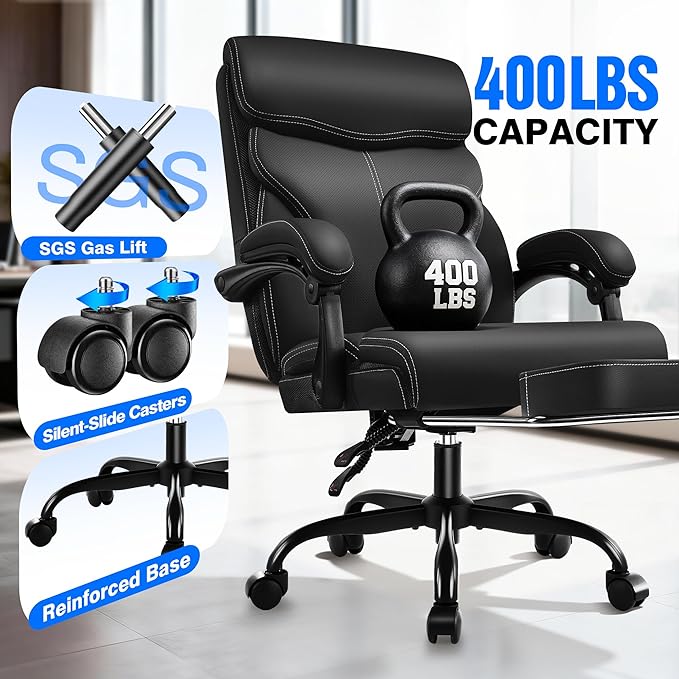 Office Chair - Ergonomic Comfortable High Back Computer Desk Chair with Foot Rest - Executive Breathable Swivel Rolling Reclining Leather Chair with Lumbar Support for Home Gaming Relaxing