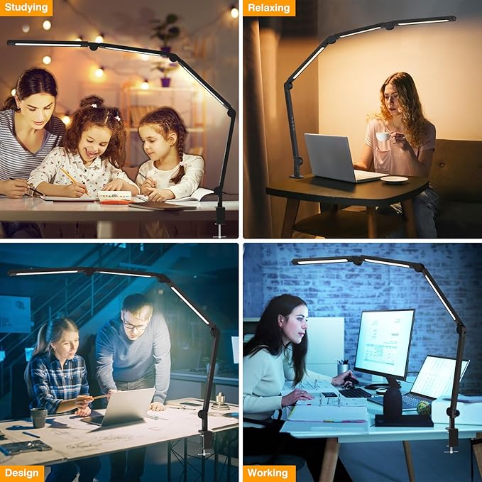 LED Desk Lamp with Clamp,Adjustable Swing Arm Desk Lamps for Home Office,Dimmable Tempering Eye Care Desk Light Bright Modern Led Table Lamp for Nail Tech Architect,Flexible Tall Task Table Light