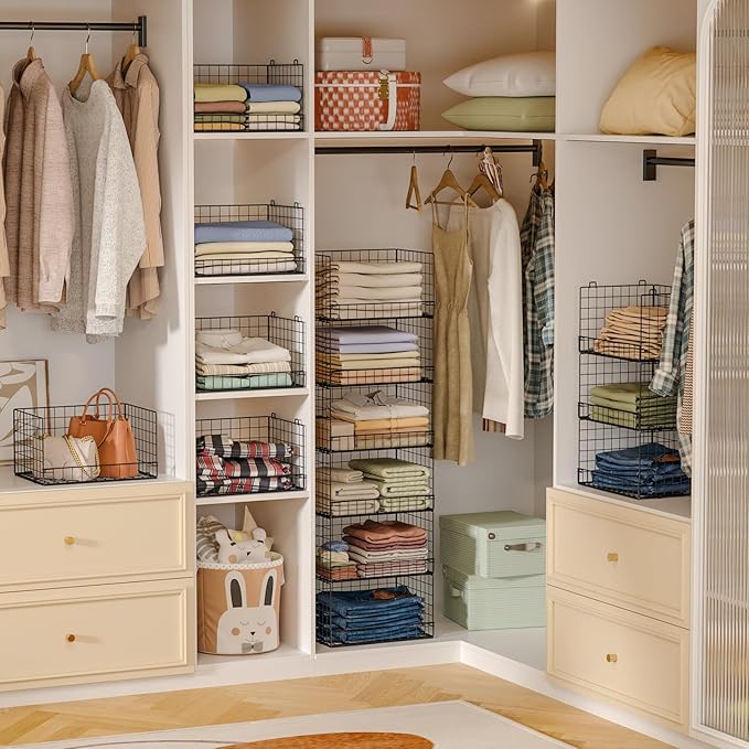 6-Tier Stackable Closet Organizers and Storage Shelves, Closet Shelf Organizer Basket Bins, Foldable Sweater Storage for Clothes Organizer System, Black（Patent Pending）