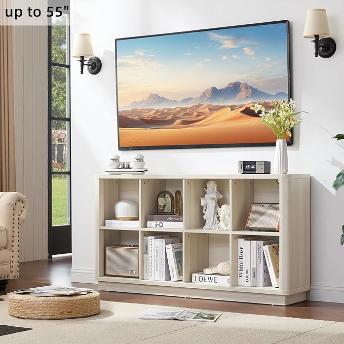 8 Cube Storage Bookcase, 52" Long Horizontal Book Shelf w/Curved Edge, Wood Floor Standing 2-Tier Cubby Console Bookshelf with Base, Modern Low TV Stand for Living Room, White Cream Oak