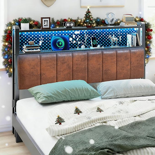 VINGLI King Size Headboard Only, Adjustable Upholstered Headboard with 2 Tier Shelves and Pegboard with Charging Stations and LED Lights, Modern Bed Headboard with Storage for Bedroom Decor